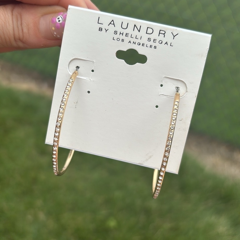 Brand New Laundry by Shelli Segal Gold Tone Rhinestone Dangle Hoop Earrings